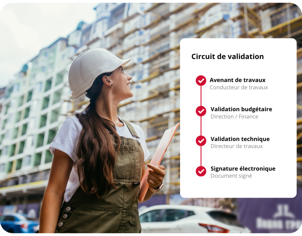 ouvrière BTP et schéma d'un parcours de signature et d'approbation