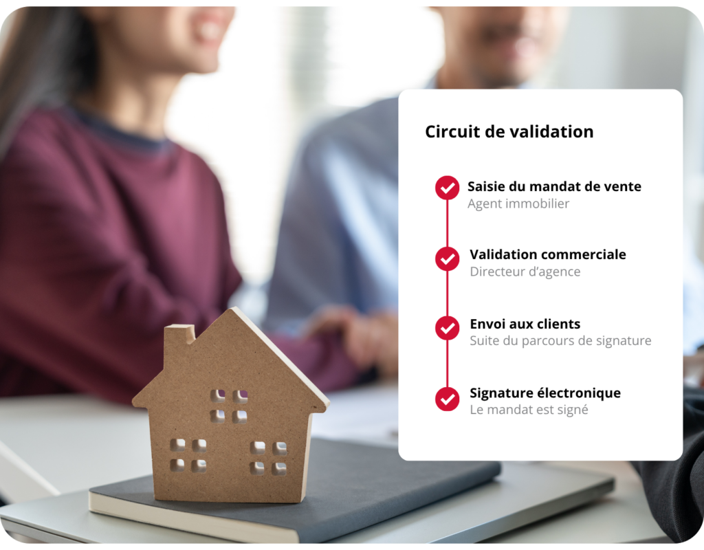 Agent immobilier et ses clients avec un schéma d'un parcours de signature et d'approbation