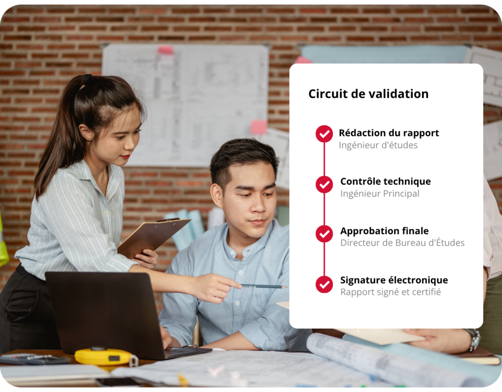 Collaborateurs d'un bureau d'étude et schéma d'un parcours de signature et d'approbation